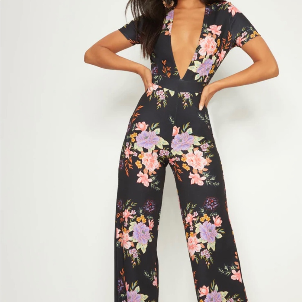 Black Floral Crepe Short Sleeve Plunge Jumpsuit
